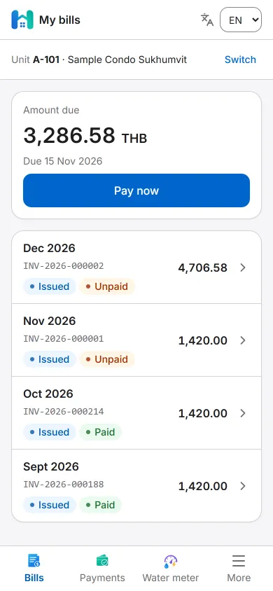 My bills screen on a resident phone for unit A-101 showing the amount due, a Pay now button and four monthly bills marked unpaid or paid
