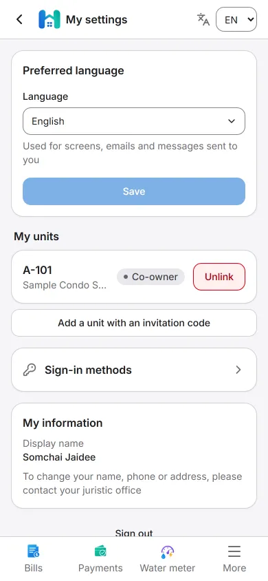 My settings screen on a phone showing the preferred language, the linked unit, a button to add a unit with an invitation code and sign-in methods